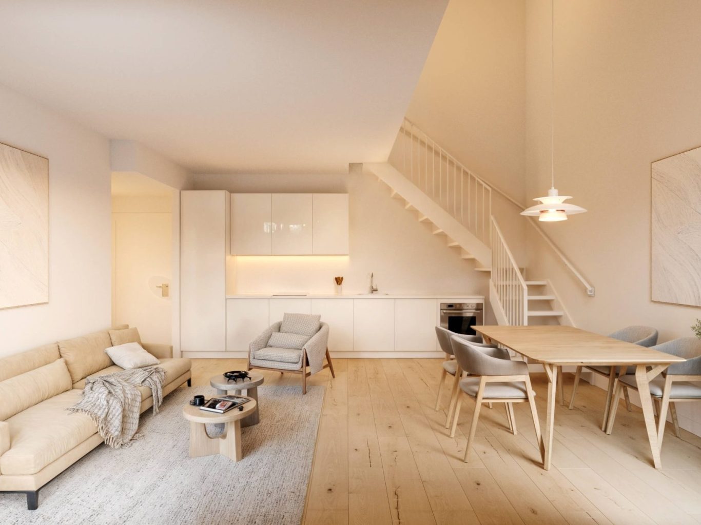 Espacio abierto con salón-comedor y cocina en ático moderno